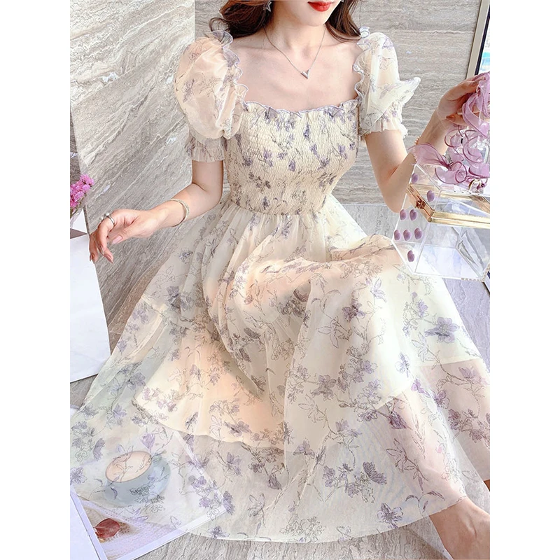 

2022 Summer French Vintage Floral Chiffon Dress Square Collar Puff Sleeves A-line Elegant Dresses For Women Clothing Vestidos