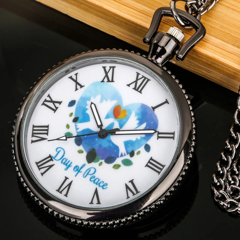 

Pocket Watch Necklace Peace Dove Heart Roman Dial Quartz Fob Watch Pendant with Chain Gift for Men Women Reloj De Bolsillo