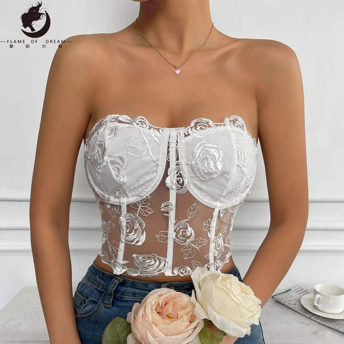 

2022 Flame of dream Hot Selling Lace Mesh Rose Bra Vest Top Women221829