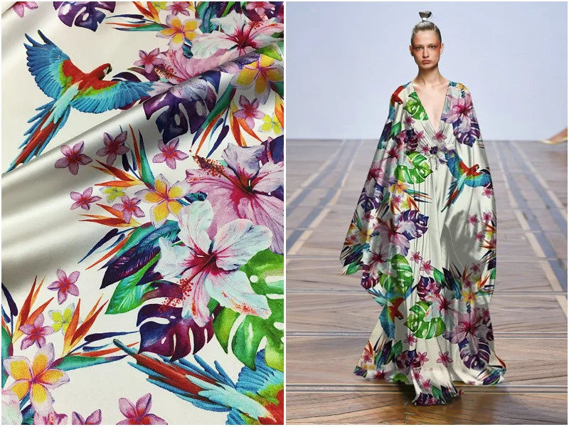 

New Heavyweight Parrot Floral Print Stretch Satin Shirt Skirt Clothing Silk Fabric Sewing Printed Eco-Friendly Cloth Per Meter