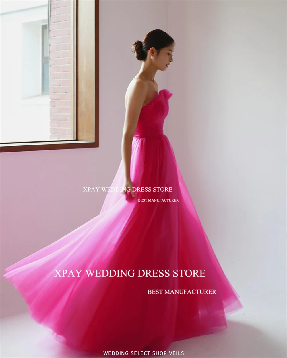 XPAY ярко-розовые корейские вечерние платья без бретелек для фотосессии тюлевые