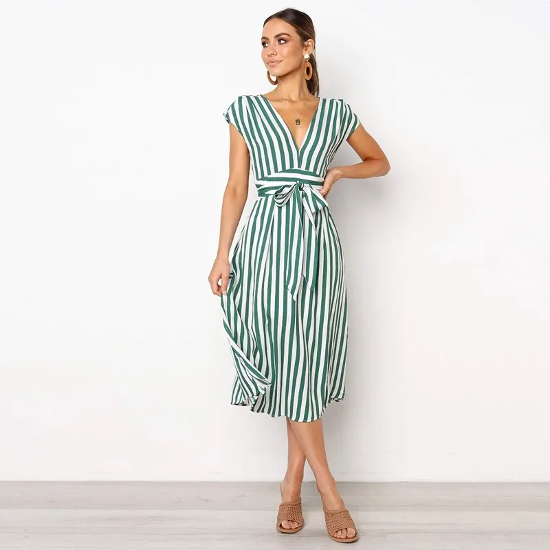 

European and American Foreign Orders Elegant Vacation Summer Wind Striped DeepVWaist-Controlled Lace-up Short Sleeve Midi Dress