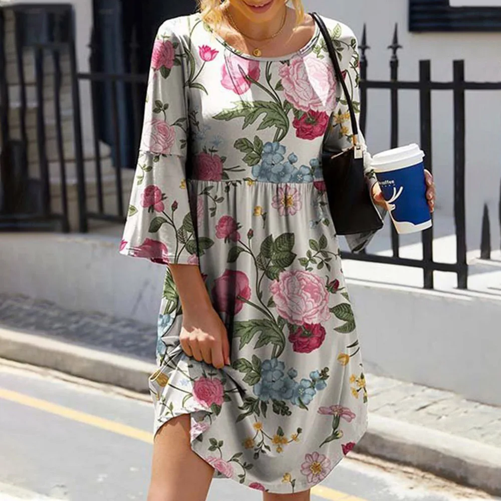 

Fashion Summer Beach Resort Women Dress Daily Tie Dyed Paisley Floral Print Ruffle Hem V-Neck Flare Sleeve Casual Dress Bohemia