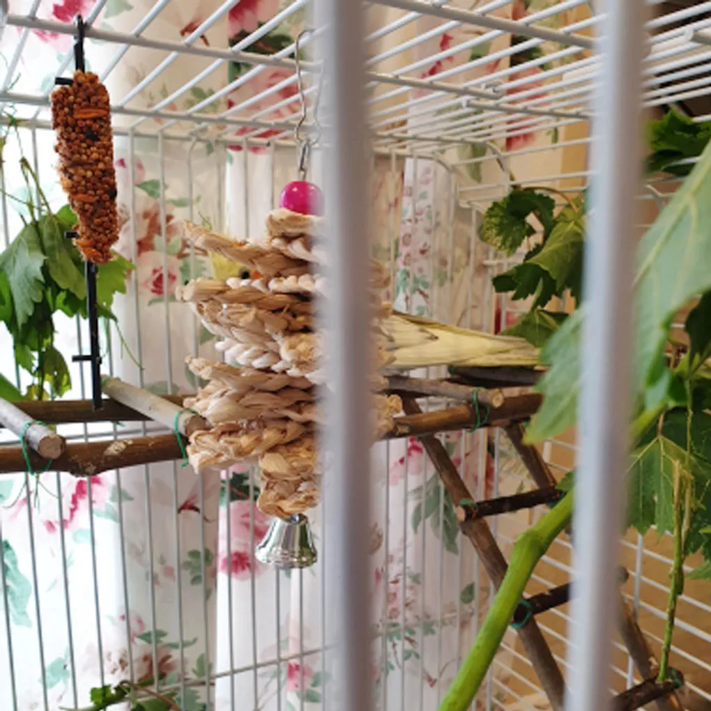 

Hanging Cage Bird Chewing Toy with Bell Natural Grass Animal Bite Swing Climbing Chew Toy