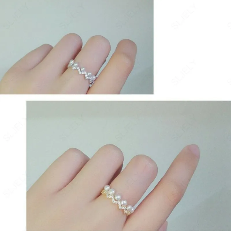 SLJELY Luxury S925 Sterling Silver Up and Down Zigzag Finger Ring with Pearls Cubic Zirconia Stones Women Fashion Party Jewelry | Украшения
