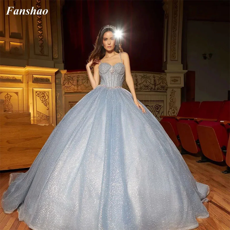 

Fanshao pd125 Quinceanera Dress with Spaghetti Straps Sweep Sequined Tulle Sleeveless Mexican Sweet 16 Party Dresses 15 Anos