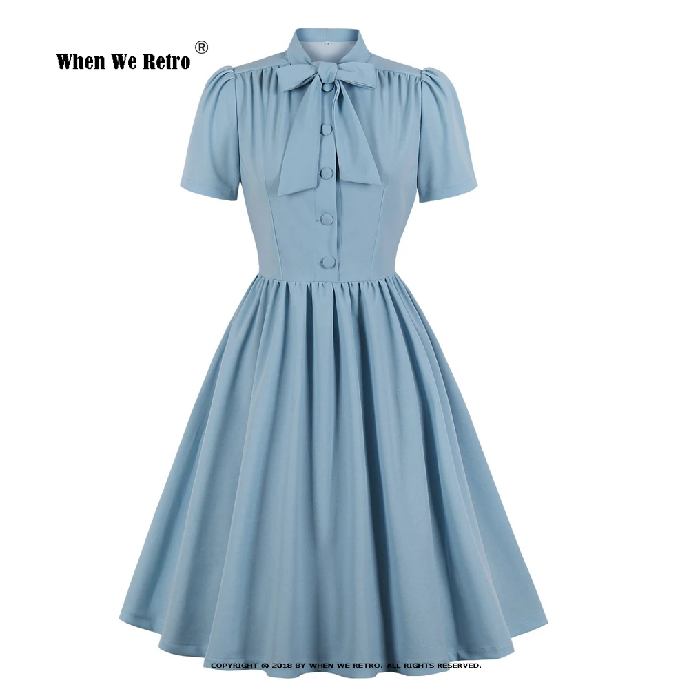 

S-4XL Vintage Solid Color Midi Pleated Dress Bow Tie Neck Button Up Elegant Women Summer Pinup 60s 50s Rockabilly Dresses SD0081