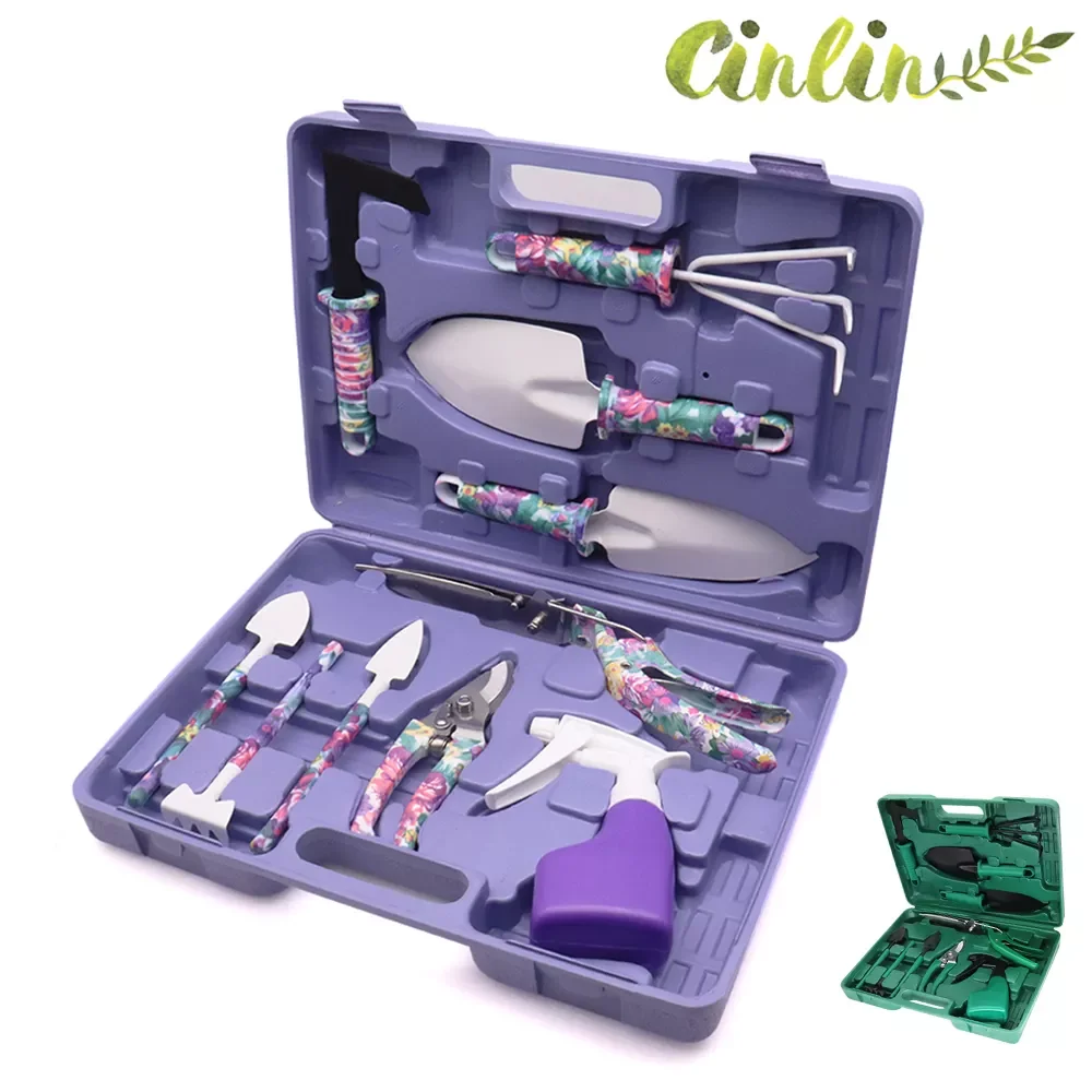 

Garden Hand Tools Set with Purple Floral Print Ergonomic Handle Rake Weeder Pruner Shears Sprayer Garden with Carrying Case