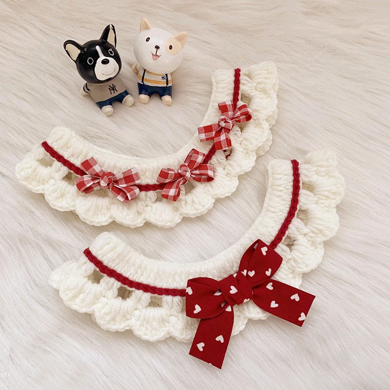 

Вязаный собачий ошейник ручной работы, милые красные нагрудники с бантом для маленьких и средних собак, аксессуары, ошейники для чихуахуа, т...
