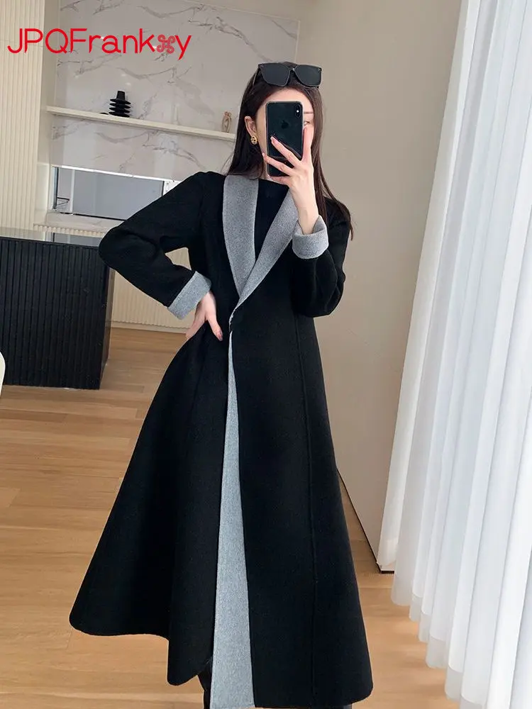 

2022 Spring and Autumn New Black Double Sided Velvet Solid Fashion Coat Women's Waist Woolen Coat Winter Jacket Women