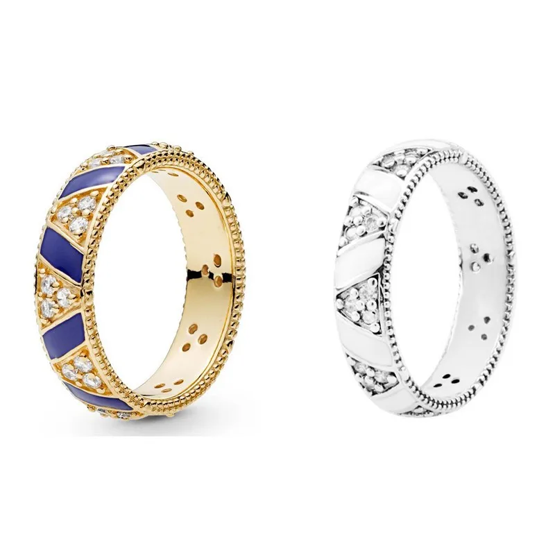 

Original Moments Gold Stones And Stripes Blue Enamel Ring For Women 925 Sterling Silver Wedding Gift Fashion Jewelry