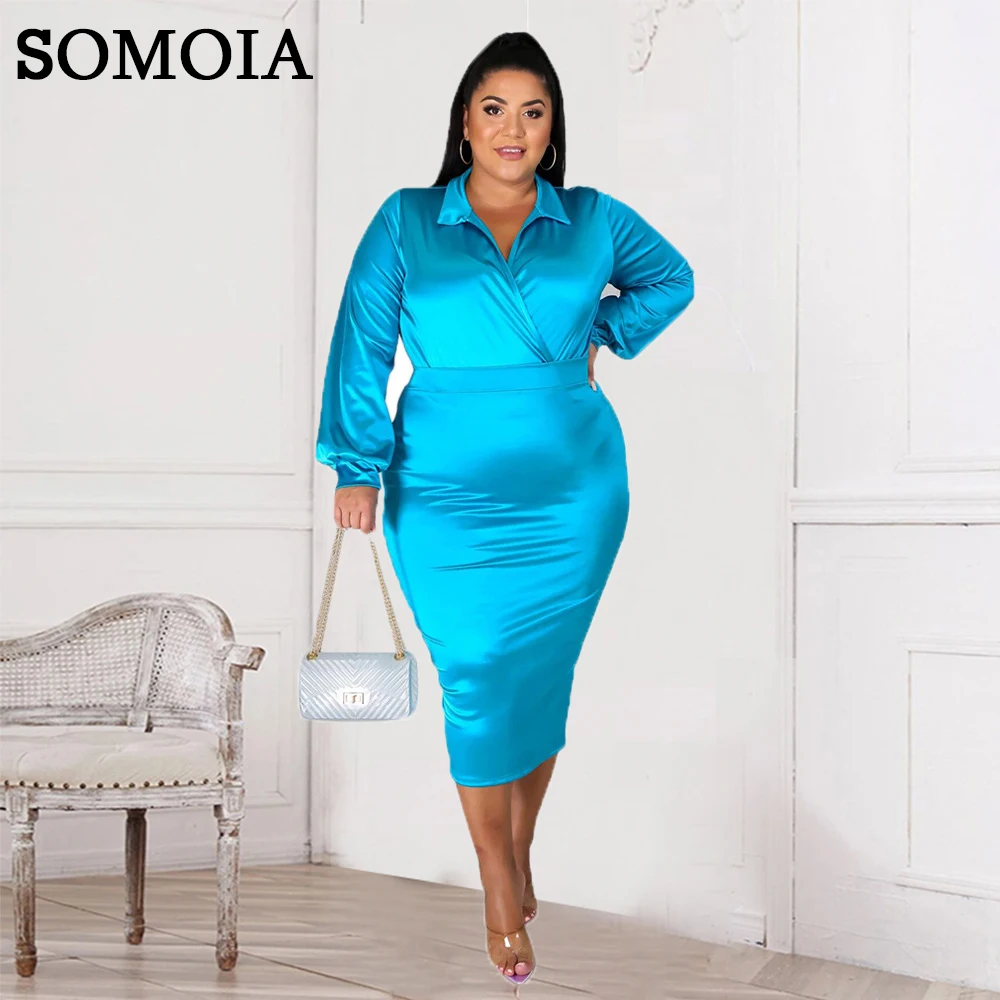 

Plus Size Dress Sets L-5XL Sexy Party Clubwear Pure Color Women Clothing Two Piece Set V-neck Jumpsuits Tops Bodycon Midi Skirts