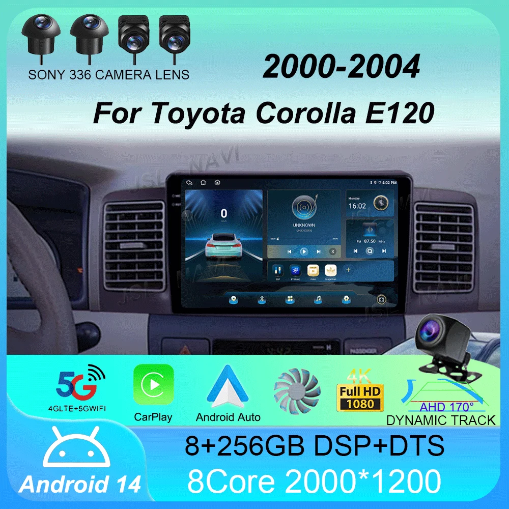 Фото Автомобильный радиоприемник Android 14 Carplay Мультимедиа для Toyota Corolla E120 2000-2004 навигационное видео DVD авторадио стерео 2din 4G + Wi-Fi №1