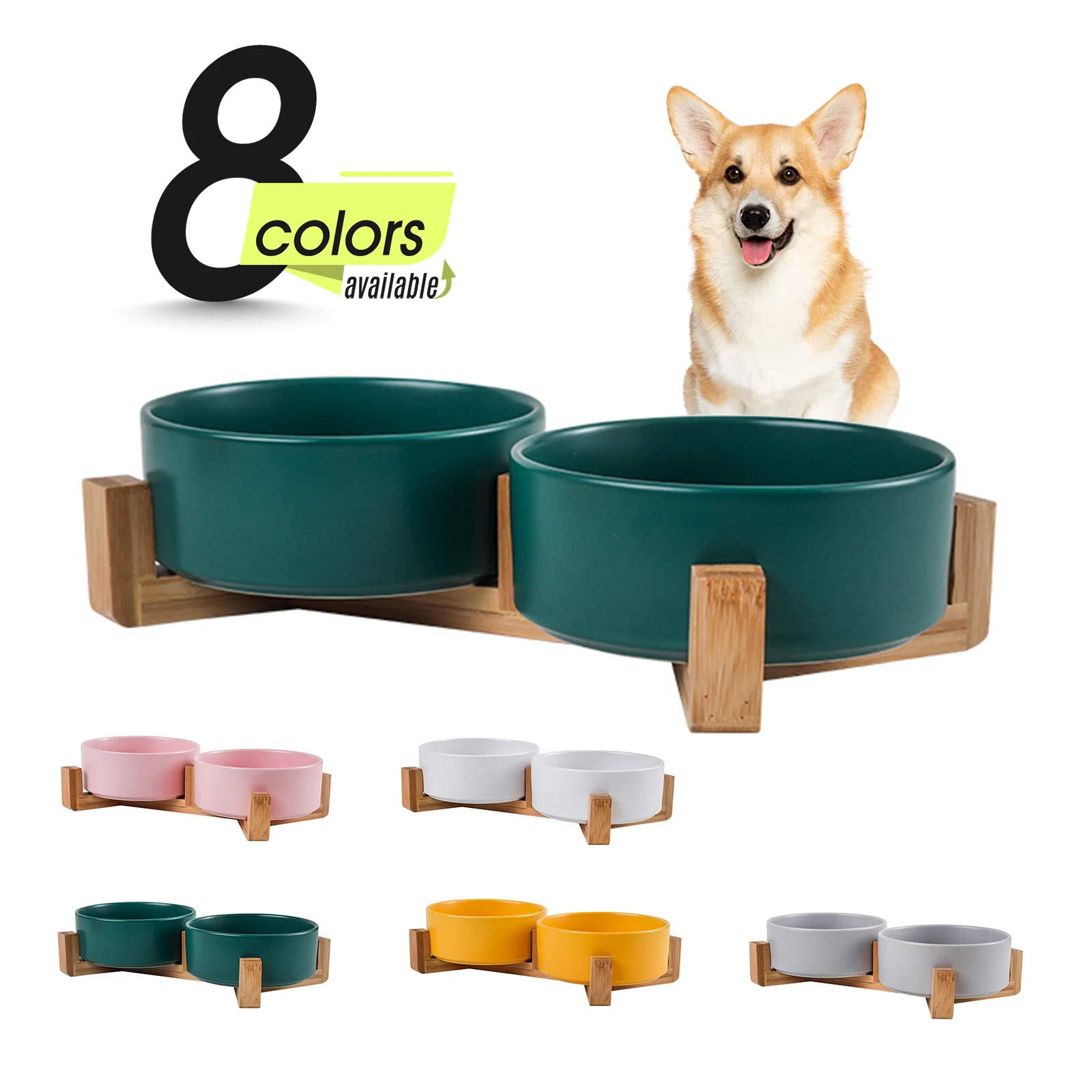 

Round Dog Cat Bowl with Wood Stand, Durable Ceramic Food Water Elevated Dish for Pet, Modern Cute Weighted Food Water Set PBW214