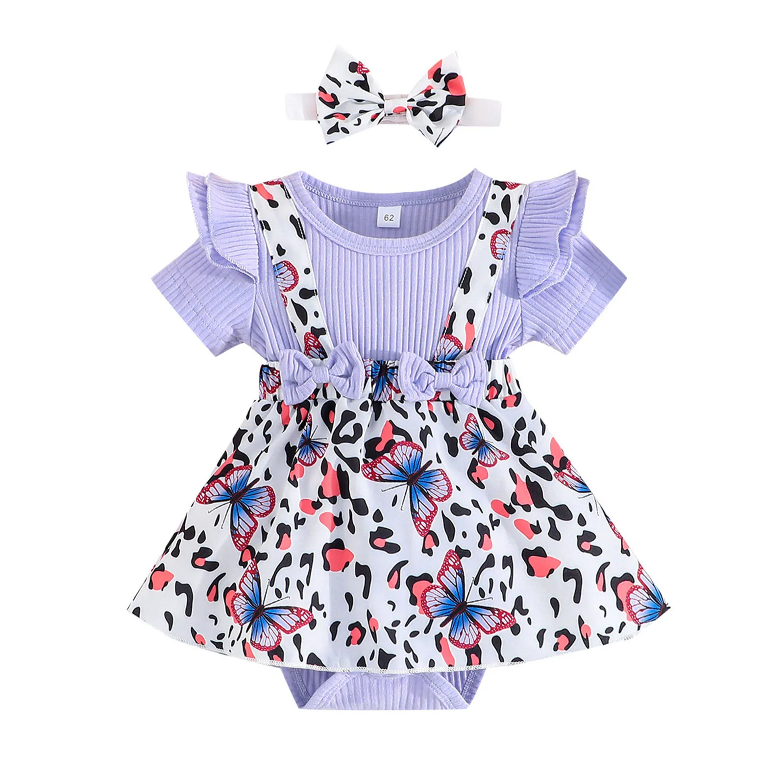 

Infant Girls Short Sleeve Butterfly Leopard Prints Ribbed Romper Newborn Bodysuits Dress Headbands Set 6 Girls Clothes Winter