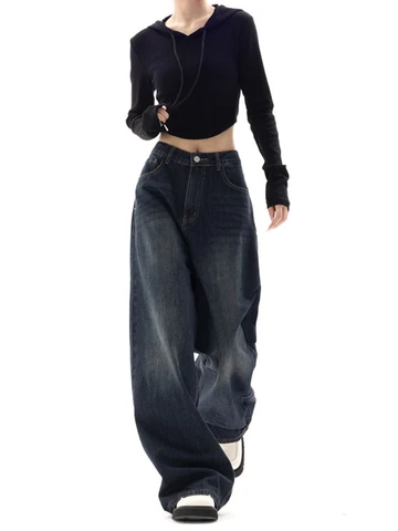 HOUZHOU Vintage Women Wide Leg Jeans Harajuku Baggy Denim Trousers Oversized Grunge Streetwear Y2k Autumn Pants Korean Fashion