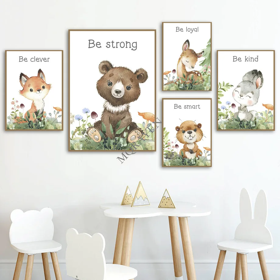 

Woodland Animal Watercolor Wall Art Canvas Painting Bear Rabbit Deer Fox Nordic Posters And Prints Pictures Kids Room Decoration