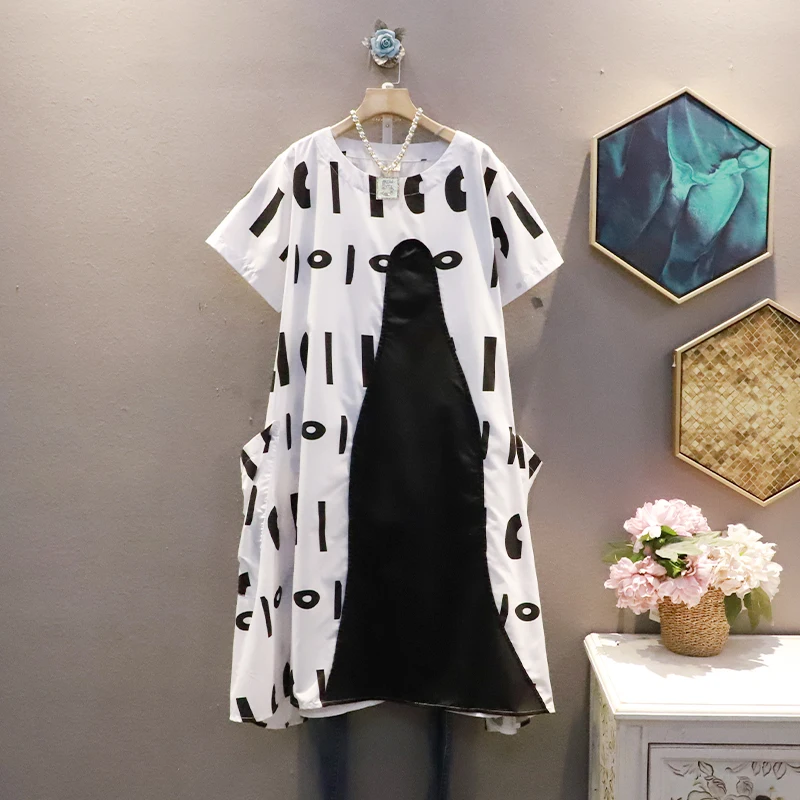 

SuperAen Patchwork Big Pocket O Neck Medium Length Dress New Summer Retro Fashion Loose Oversized Dresses for Women