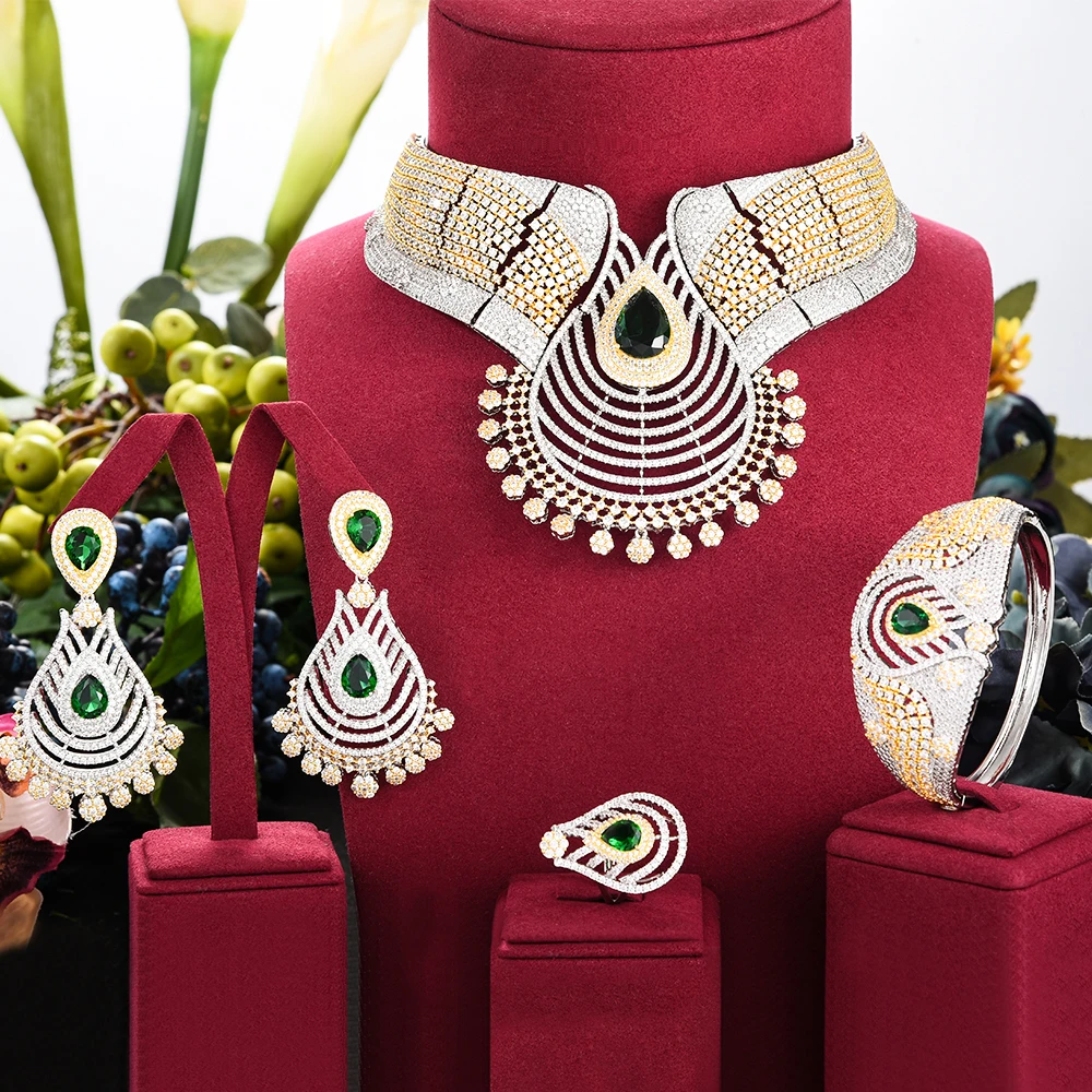 

Siscathy Indian Noble Luxury Full Micro Cubic Zircon Wide Necklace Wedding Jewelry Set Women Elegant Earrings Collar Accessory