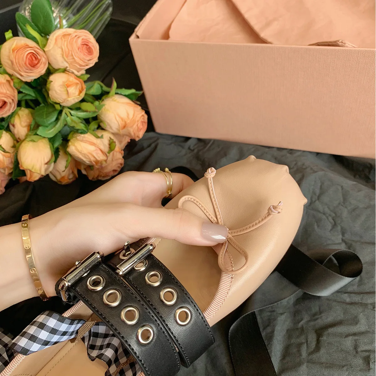 French ballerina ballet flats women's soft leather bow lace-up shallow Metallic belt trim car stitching cross straps belt buckle