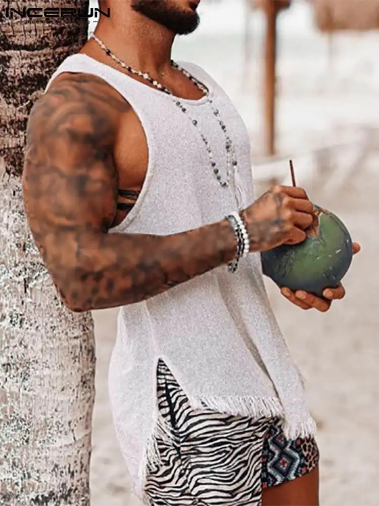 Men Tank Tops Solid Color Tassel Round Neck Sleeveless Vests 2022 Summer Vacation Streetwear Casual Men Clothing S-5XL INCERUN