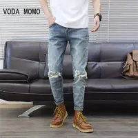 Men Ankle-length Jeans Holes Solid Retro Streetwear All-match Teen Straight Trendy Loose Leisure Harajuku High Street Chic