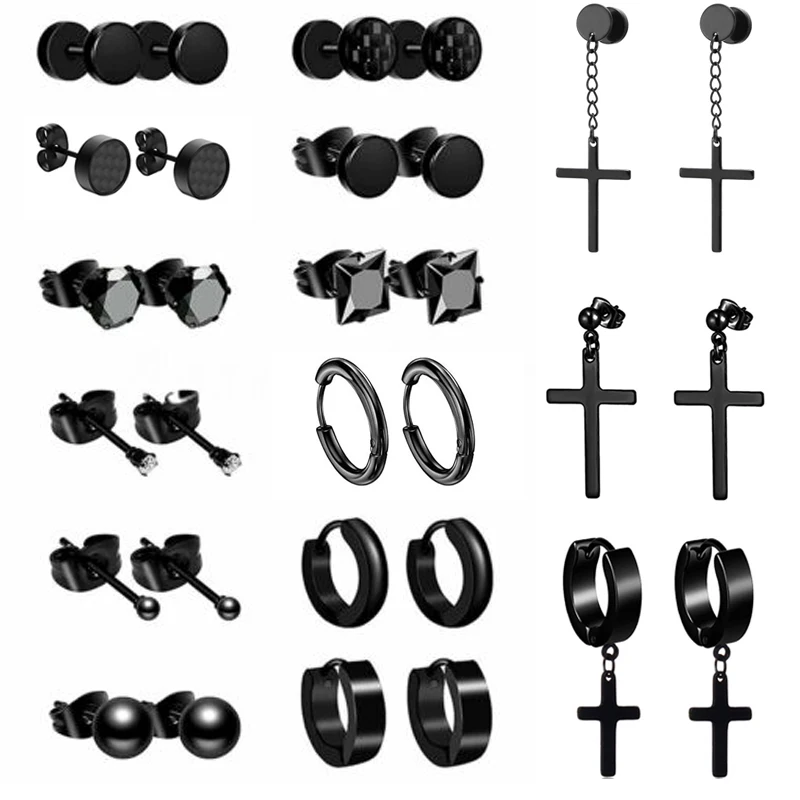 

15 Pairs Men Women Stainless Steel Cross Stud Hoop Earrings Set Piercing Jewelry