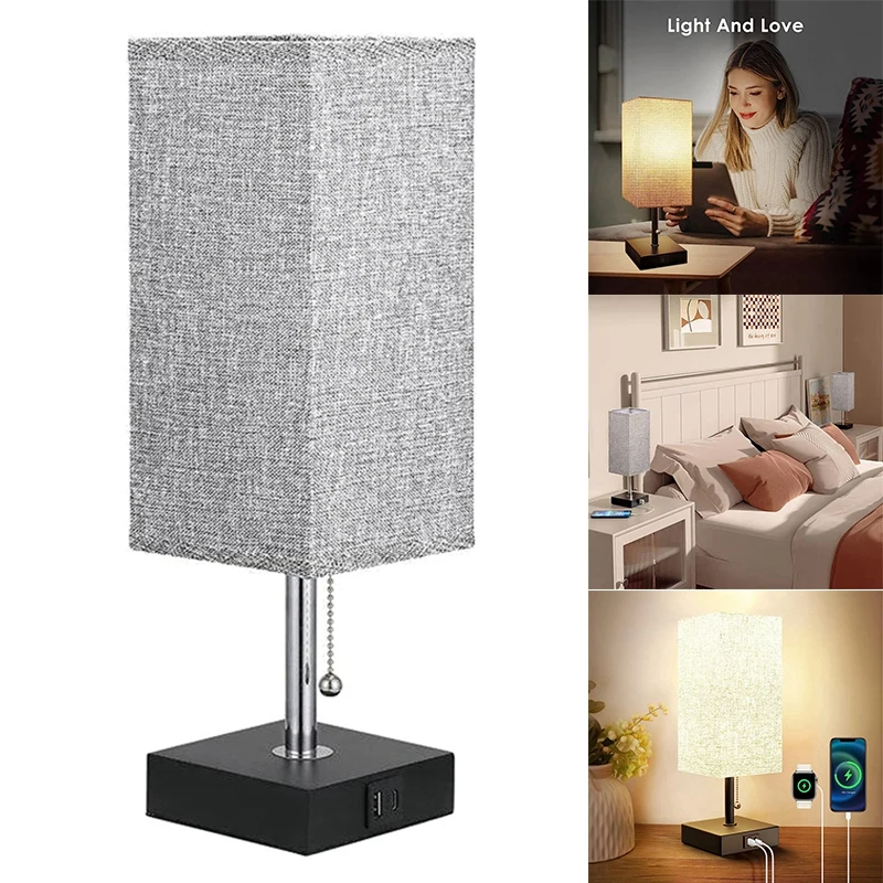 

Bedside Table Lamp, Pull Chain Table Lamp With 2 USB Charging Ports, LED Bulb With Lampshade, Nightstand Lamp