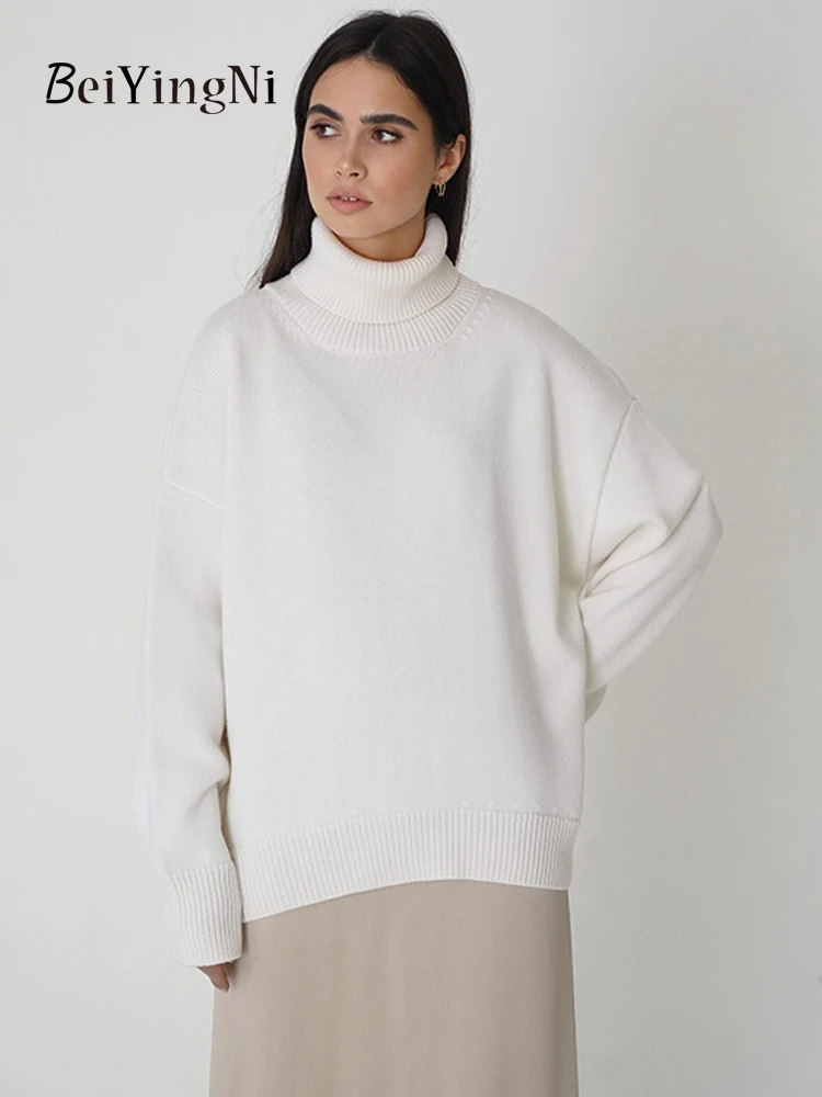 

Beiyingni Women Fashion Sweater Spring Autumn Thick Warm Knitted Pullover Female Classic Loose Oversized Turtleneck Sweaters