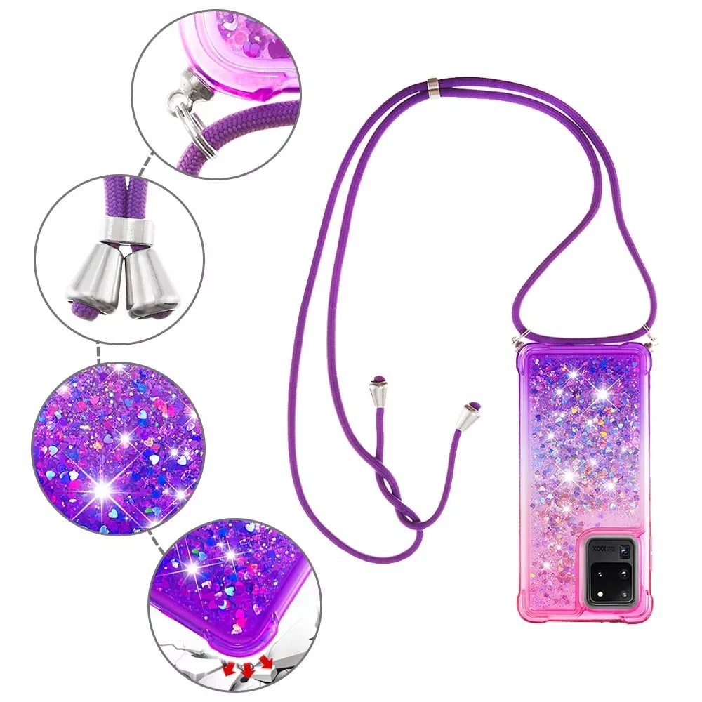 

Liquid Quicksand Lanyard Strap Phone Case For Samsung Galaxy A42 A52 5G A71 S10 S20 Plus Lite Note 10 20 Pro Necklace Rope Cover