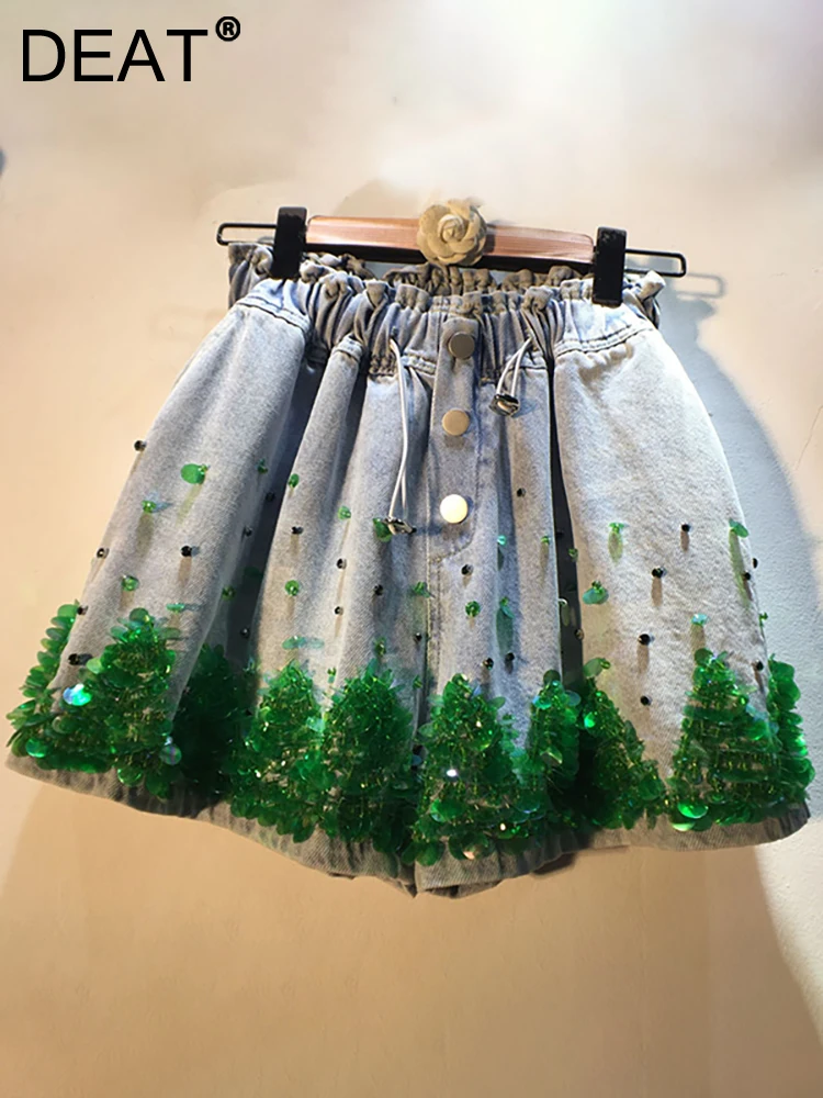 

DEAT Women's Denim Shorts Green Sequins Beading Elastic Waist Loose Wide Leg Short Trousers 2023 Summer New Fashion 29L1545