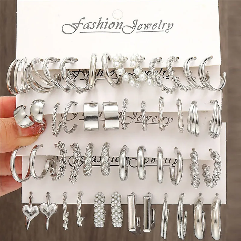 

Silver Color Twist Hoop Earrings Set Brincos Heart Pearl Hoops Vintage Metal Geometric Earrings for Women 2023 Trendy Jewerly