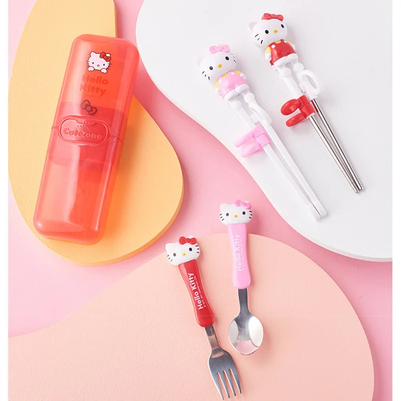 

Sanrio Kawaii Hello kitty Children's Tableware cartoon baby auxiliary chopsticks child learning and training Spoon and fork set