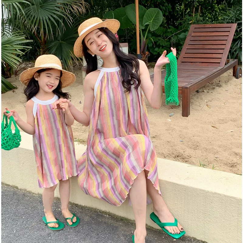 

Mother Daughter Matching Clothes Summer Holiday Colourful Crinkle Beach Dresses Thin Casual Girls Hanging Neck Vest Dress 8 10 Y