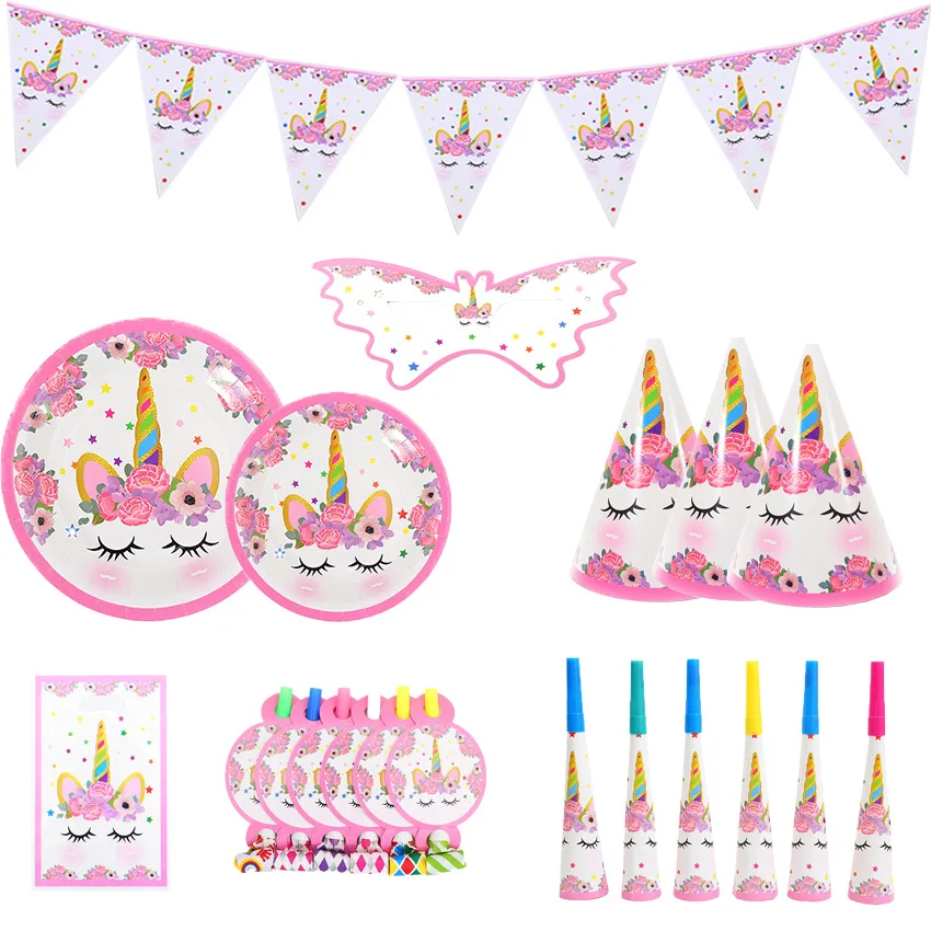 

Hot Sale High Quality Pink Unicorn Theme Party Kids Birthday Party Paper Plate Tissue Headband Necklace Tablecloth Tableware Set