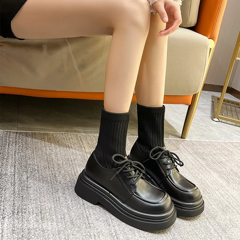 

Patchwork Platform Ankle Boots for Women Autumn 2022 Lace Up Stretch Knitted Sock Boots Woman Thick Sole PU Leather Oxford Shoes