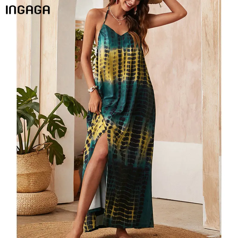 

INGAGA Beach Outing Halter Swimsuit Tie Dye Women's Dress Striped Swimwear Print Beach Cover Up Backless Bathing Suit Long Dress