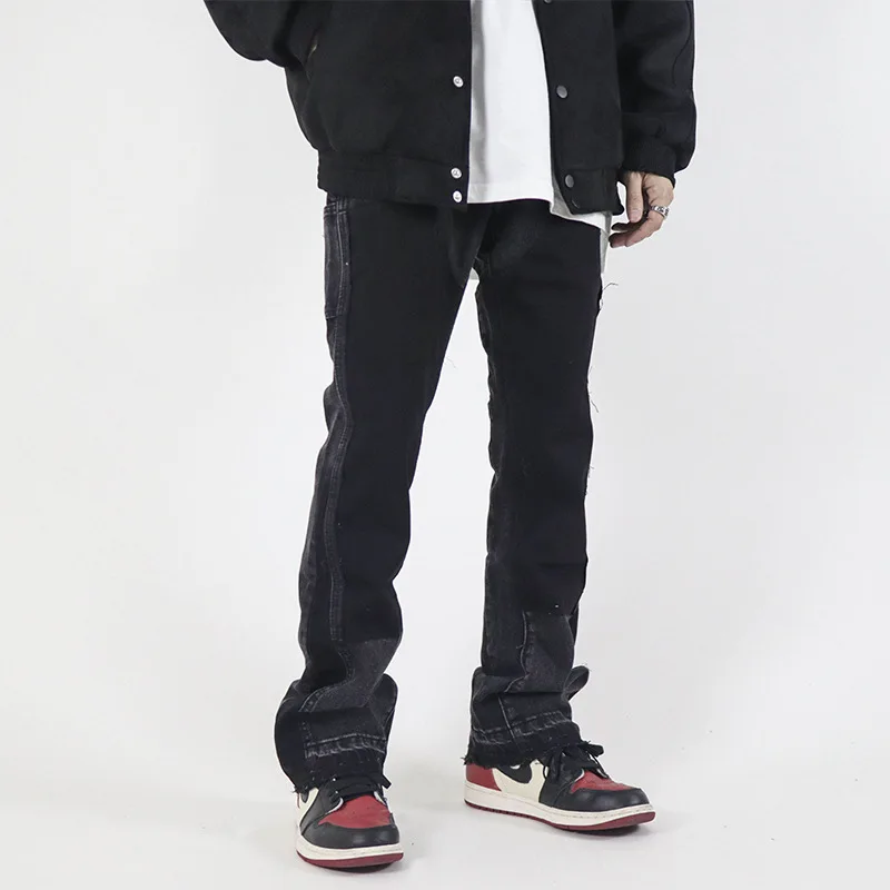 Men Jeans Stitching Design High Street Vibe Wind Micro-flare Casual Jeans Korean Version Y2K Pants Ins Hot Sale Patchwork Jeans