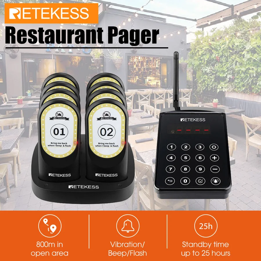 

Retekess TD184 Restaurant Pager 8 Coaster Beeper Receiver Paging System Service Countdown Out of Range Alarm For Cafe Food Court