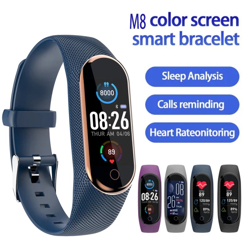 

New M8 Bluetooth-compatible Bracelet Heart Rate Sleep Oximeter Step Monitoring Photo Message Reminder Sport Women Men Smartwatch