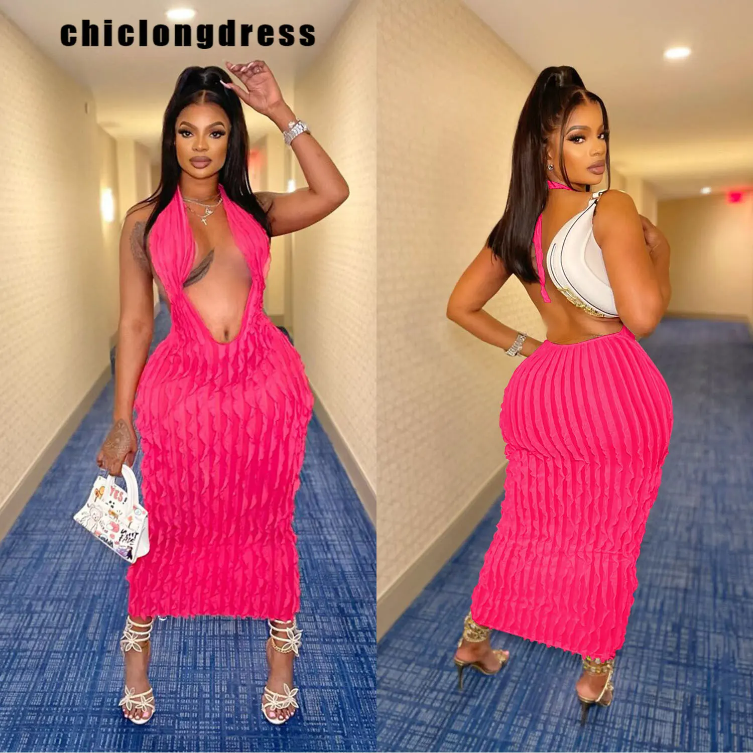 

Summer Sexy Nightclub Style Mesh Ruffle Skinny Dress Women Fashion Solid Dark V-Neck Halter Neck Sleeveless Dress Women