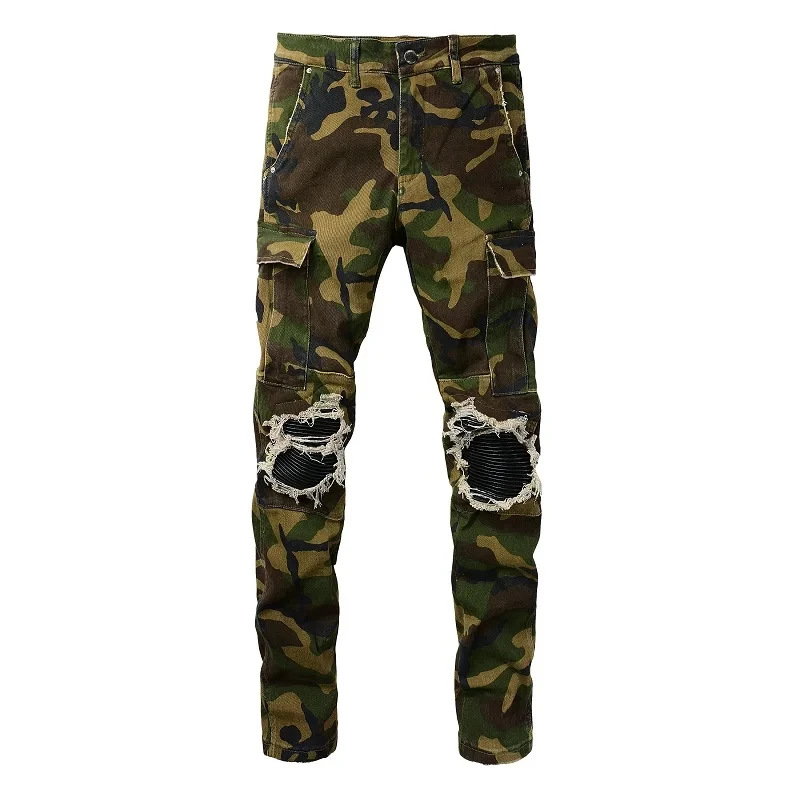 

Men's Camouflage Cargo Jean Pants Distressed Slim Fit Streetwear Style Bikers Skinny Stretch Destroyed Ribs Patches Ripped Jeans