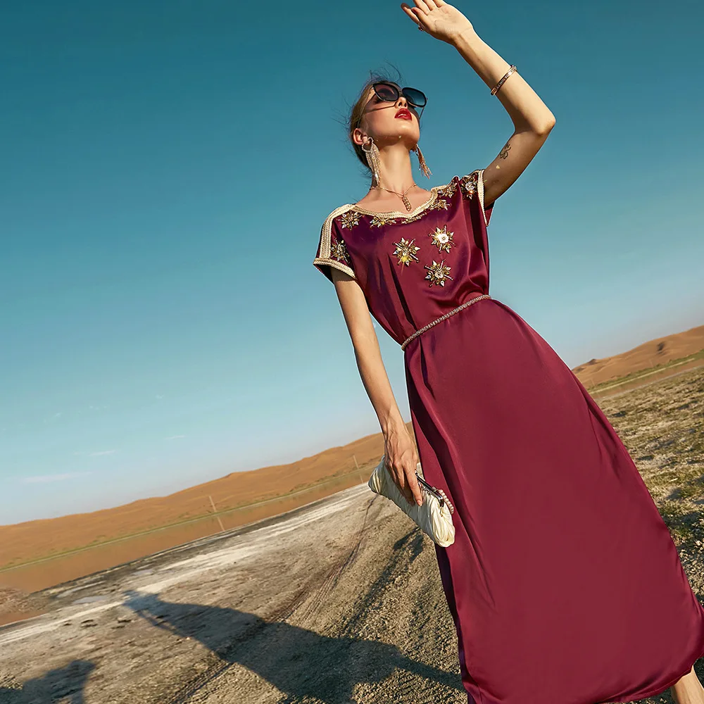 Wepbel Wine Red Abaya Women Muslim Home Party Dress Hand-Stitched Diamond Short Sleeve Retro Loose Turkey Caftan Dress Belt