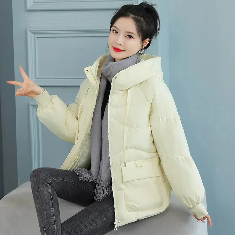Hooded Loose Cotton Padded Thicken Parkas Korean Long Sleeve Pockets Jacket 2022 Elegant Snow Wear Windproof Warm Winter Coat