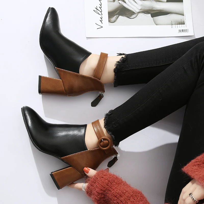 

Plus Size 35-44 Women Boots Patchwork Ankle Boots Buckle botas mujer High Heels Booties New Winter Shoes Zip zapatos mujer 7736
