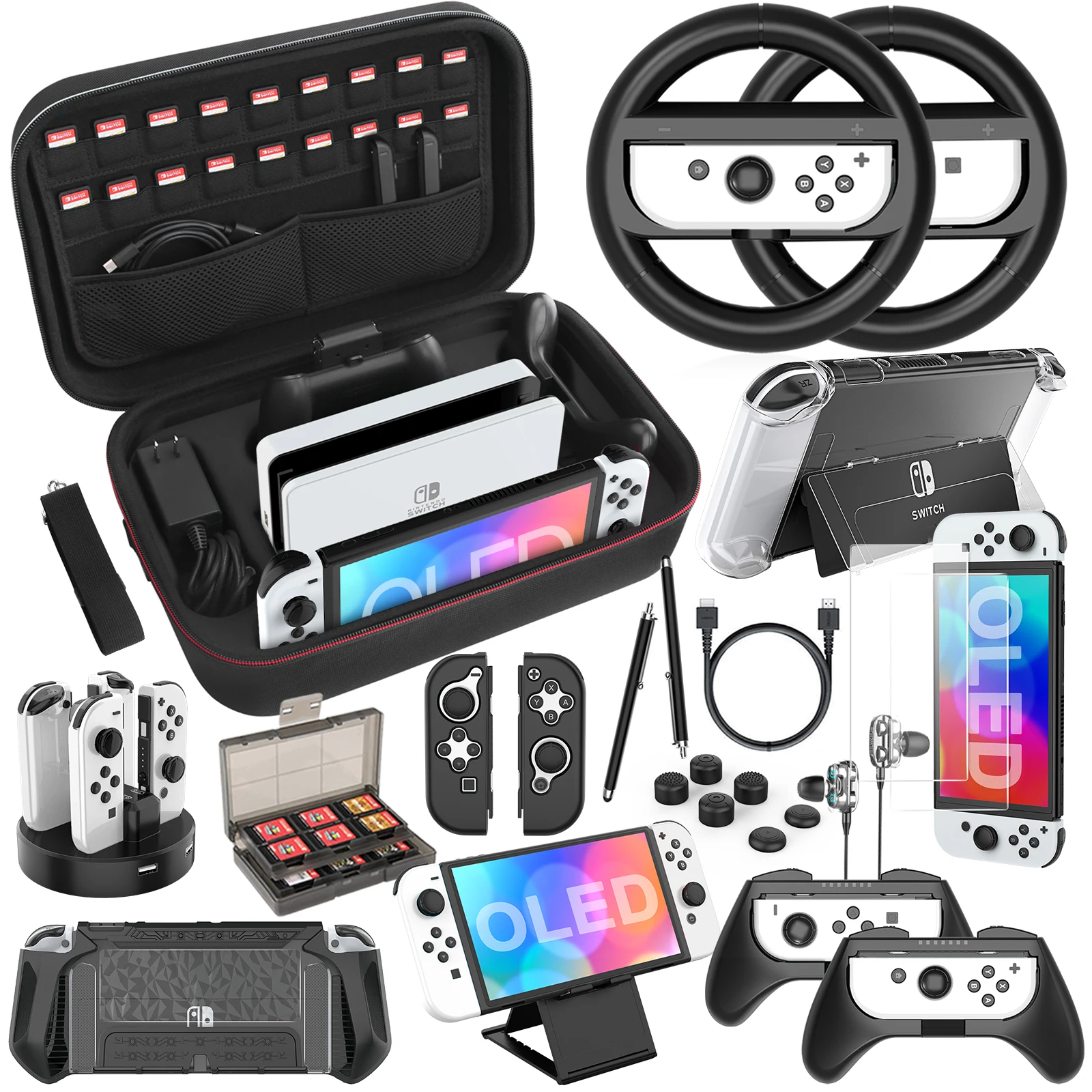 HEYSTOP Switch OLED Accessories Bundle Compatible with 2021 Switch OLED Model, 23 in 1Accessories Gift Kit with Carrying Case