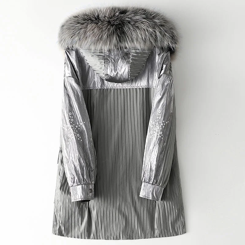 Mid-length Fur Coat Ladies Winter Parkas Women Rabbit Fur Liner Hooded Fur Coat Raccoon Fur Collar Lady Outwear Warm Chip
