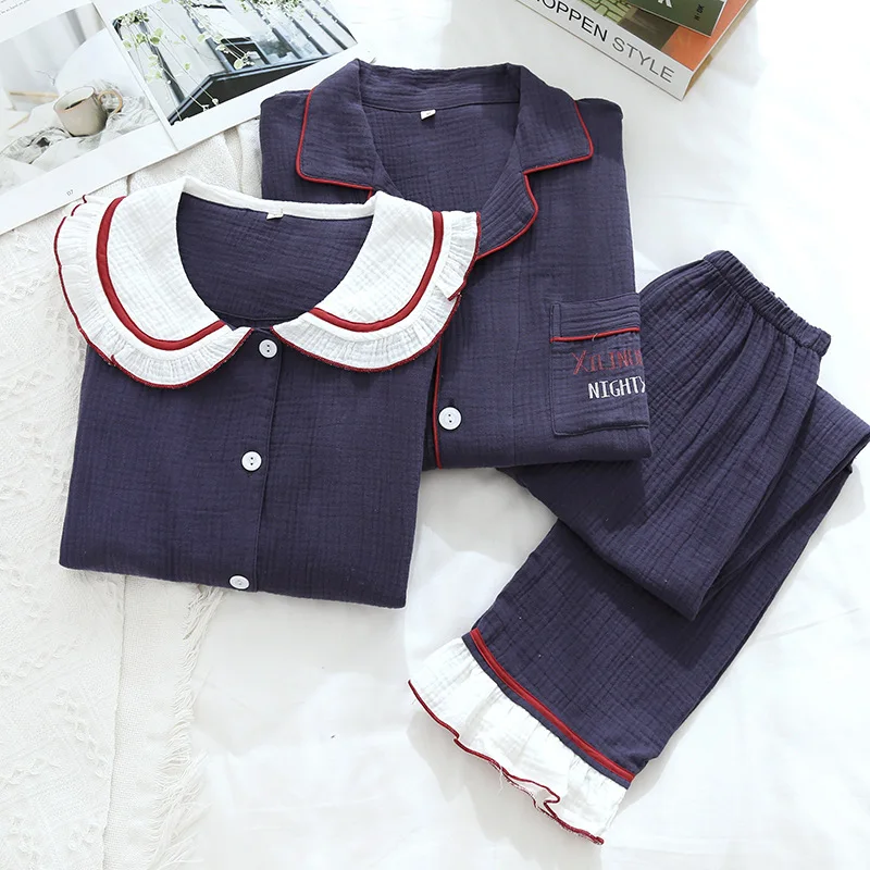 Four Seasons Couple Pajamas Cotton Double Layer Gauze Homewear Simple Men/Women Home Suit Crepe Thin Section Woman Pj Set lounge