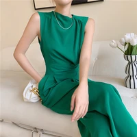 2022 summer elegant woman jumpsuit green outfit sleeveless bandage high waist wide leg pants rompers playsuits female overalls