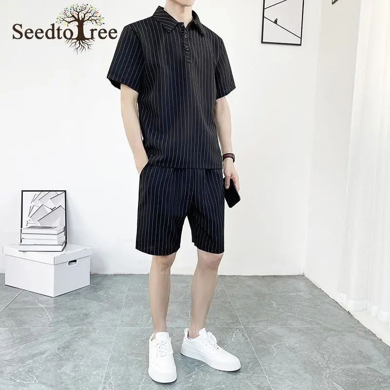 Summer Men's Set Casual Stripe Turndown Collar Short Sleeved T-shirt Elastic Waist  Shorts Two Piece Suit